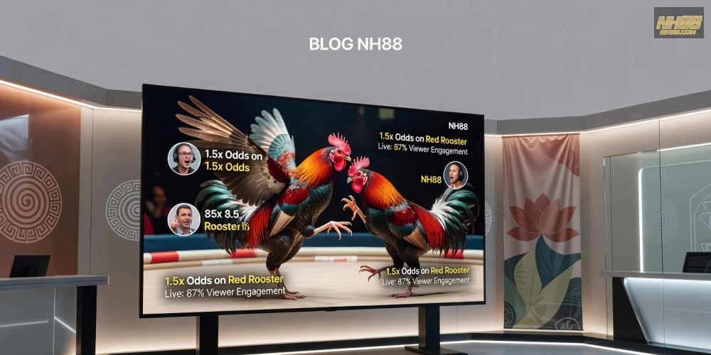 Minh họa khái niệm đá gà bình luận viên trên nền tảng NH88 với giao diện livestream chuyên nghiệp