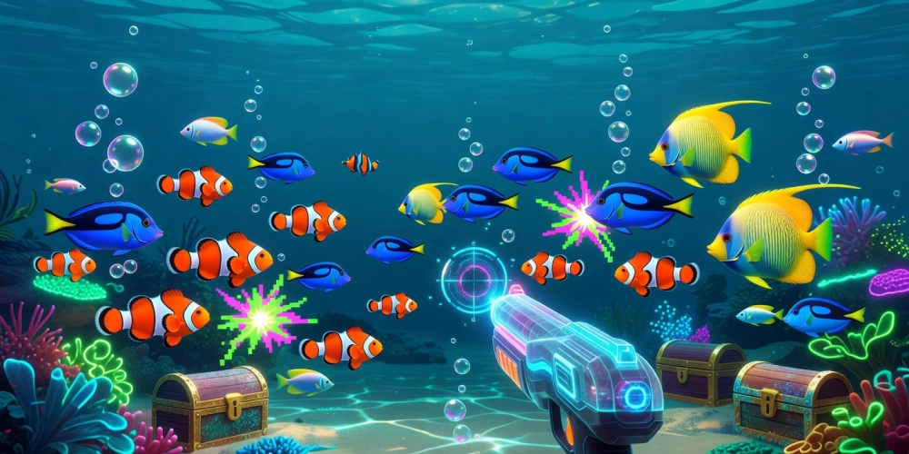 Hình minh họa giao diện game bắn cá zui nh88 với cá đa sắc màu và súng bắn hiện đại