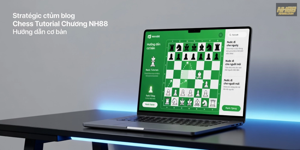 Minh họa khái niệm hướng dẫn chơi cờ vua trên nền tảng NH88 với bàn cờ kỹ thuật số