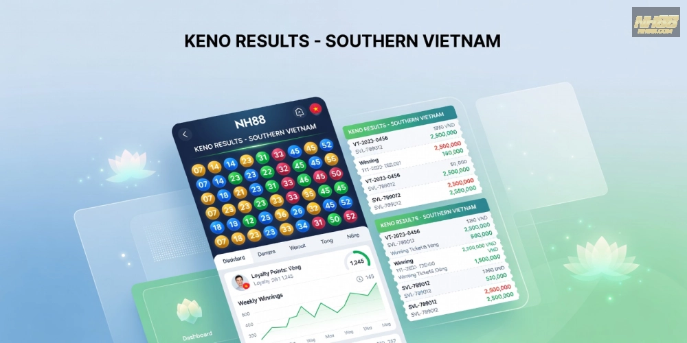 Minh họa giao diện chơi Keno miền Nam trên NH88 với tỷ lệ thưởng hấp dẫn